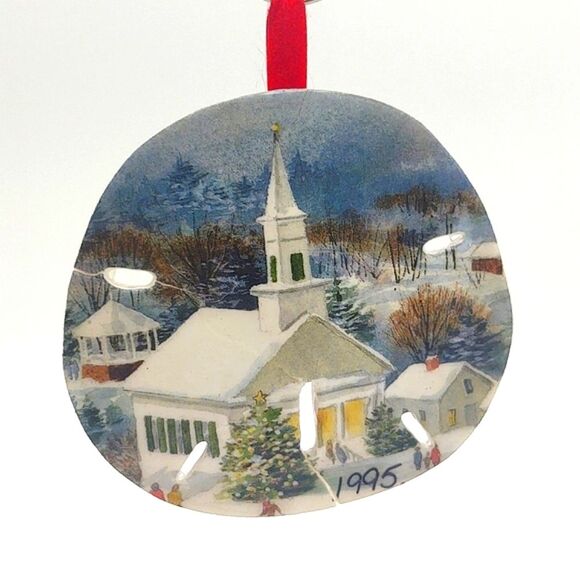 Vintage Hand-Painted Winter Scene Sand Dollar Ornament - Picture 2 of 4